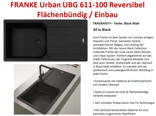 FRANKE Kchensple Urban UBG 611-100 Fragranit+ Einbausple / Granitsple Flchenbndig Black Matt - Black Collection