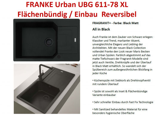 FRANKE Kchensple Urban UBG 611-78 XL Fragranit+ Einbausple / Granitsple Flchenbndig Black Matt - Black Collection