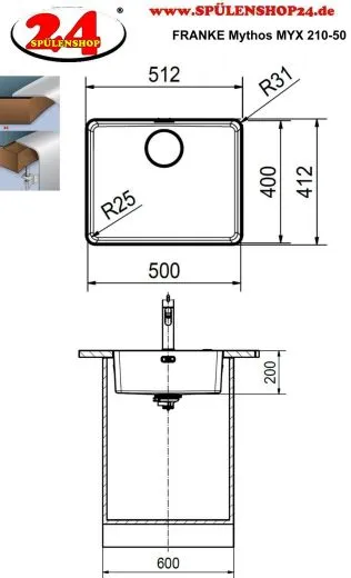 FRANKE Kchensple Mythos MYX 210-50 Einbausple Slimtop / Flchenbndig mit Siebkorb als Stopfenventil