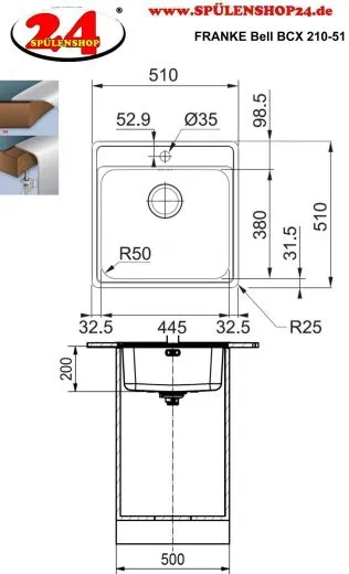 FRANKE Kchensple Bell BCX 210-51 Edelstahlsple Slimtop / Flchenbndig mit Hahnlochbank und Siebkorb als Stopfenventil