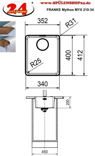 FRANKE Kchensple Mythos MYX 210-34 Einbausple Slimtop / Flchenbndig mit Siebkorb als Druckknopfventil
