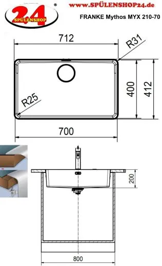 FRANKE Kchensple Mythos MYX 210-70 Einbausple Slimtop / Flchenbndig mit Siebkorb als Stopfenventil