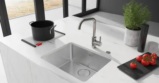 FRANKE Kchensple Mythos MYX 160-34-16 Unterbausple (Montage unter die Arbeitsplatte) mit Integralablauf und Siebkorb als Stopfenventil