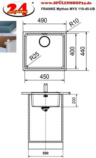 FRANKE Kchensple Mythos MYX 110-45 Unterbausple (Montage unter die Arbeitsplatte) mit Integralablauf und Siebkorb als Stopfenventil