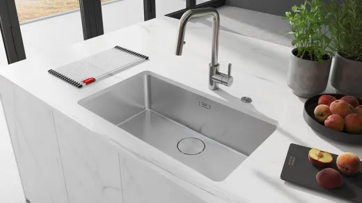 FRANKE Kchensple Mythos MYX 110-45 Unterbausple (Montage unter die Arbeitsplatte) mit Integralablauf und Siebkorb als Stopfenventil