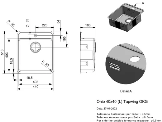 REGINOX K�chensp�le Ohio 40x40 (L) Hahnlochbank OKG Einbausp�le mit Flachrand fl�chenb�ndig Siebkorb als Stopfenventil