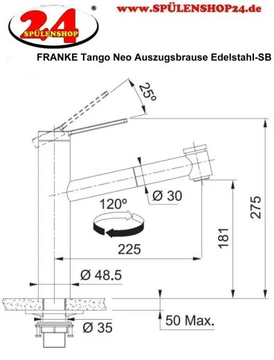 FRANKE Kchenarmatur Tango Neo Einhebelmischer Edelstahl massiv mit Zugauslauf und Brausefunktion 120 schwenkbarer Auslauf