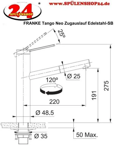 FRANKE Kchenarmatur Tango Neo Einhebelmischer Edelstahl massiv mit Zugauslauf 120 schwenkbarer Auslauf