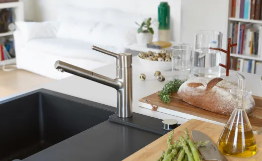 FRANKE Kchenarmatur Taros Neo Einhebelmischer Edelstahl massiv mit Zugauslauf als Schlauchbrause 120 schwenkbarer Auslauf