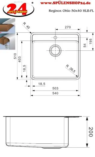 REGINOX Kchensple Ohio 50x40 (L) Hahnlochbank Einbausple mit Flachrand flchenbndig Siebkorb als Stopfenventil