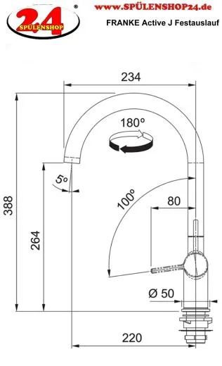 FRANKE Kchenarmatur Active J Einhebelmischer Chrom mit Festauslauf und Laminarstrahl 180 schwenkbarer Auslauf