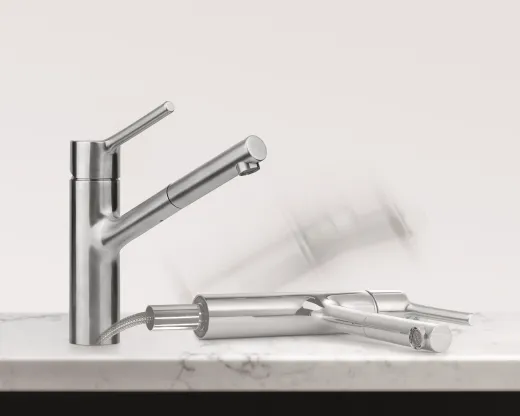 FRANKE Kchenarmatur Taros Neo Window Einhebelmischer Edelstahl massiv mit Zugauslauf zur Vorfenstermontage umlegbar