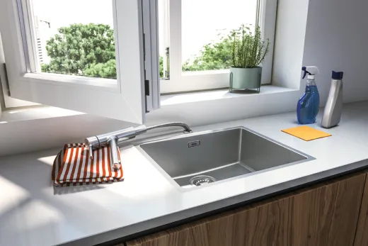 FRANKE Kchenarmatur Taros Neo Window Einhebelmischer Edelstahl massiv mit Festauslauf zur Vorfenstermontage umlegbar