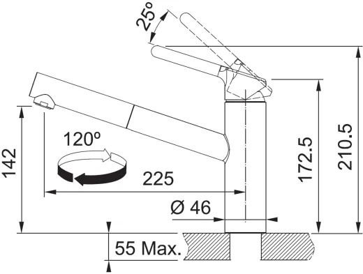 FRANKE Kchenarmatur Orbit Einhebelmischer Chrom mit Zugauslauf als Schlauchbrause 120 schwenkbarer Auslauf Niederdruck
