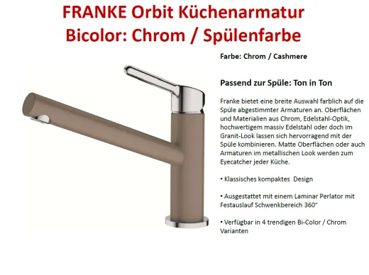FRANKE Kchenarmatur Orbit Fragranit+ Farben Einhebelmischer mit Festauslauf und Laminar Perlator 360 schwenkbarer Auslauf