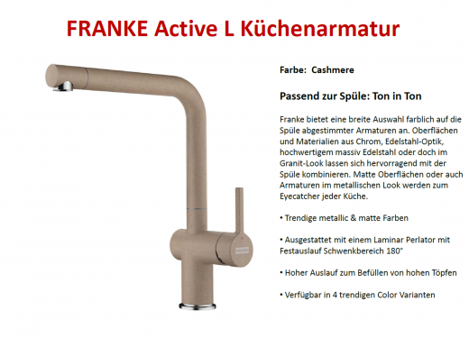 FRANKE Kchenarmatur Active L Fragranit+ Farben Einhebelmischer mit Festauslauf und Laminar Perlator 180 schwenkbarer Auslauf