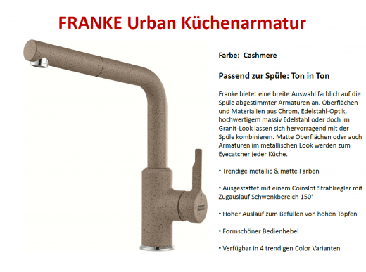 FRANKE Kchenarmatur Urban Fragranit+ Farben Einhebelmischer mit Zugauslauf als Schlauchbrause 150 schwenkbarer Auslauf