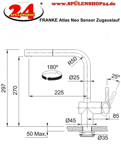 FRANKE Kchenarmatur Atlas Neo Sensor Einhebelmischer Edelstahl massiv mit Sensor-Technologie mit Zugauslauf 180 schwenkbarer Auslauf