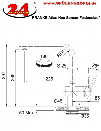 FRANKE Kchenarmatur Atlas Neo Sensor Einhebelmischer Edelstahl massiv mit Sensor-Technologie mit Festauslauf 180 schwenkbarer Auslauf
