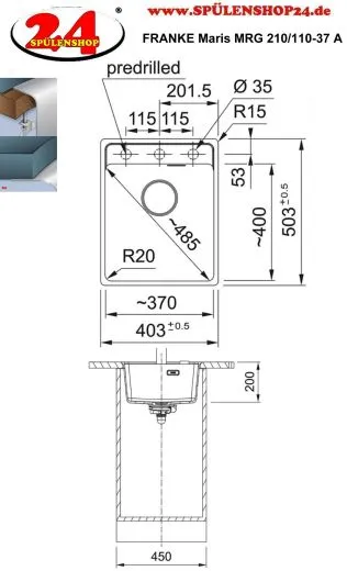 FRANKE Kchensple Maris MRG 210-37 A HLB Fragranit+ Granitsple Flchenbndig mit Siebkorb als Stopfenventil