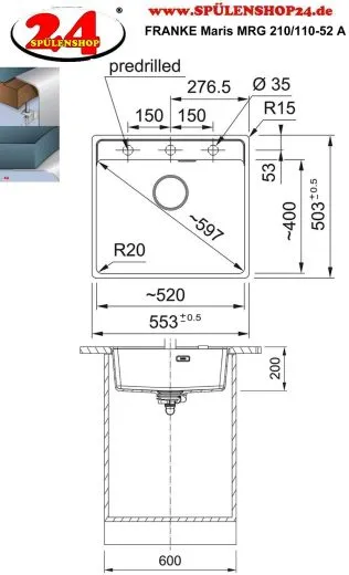 FRANKE Kchensple Maris MRG 210-52 A HLB Fragranit+ Granitsple Flchenbndig Black Matt - Black Collection Siebkorb als Drehknopfventil