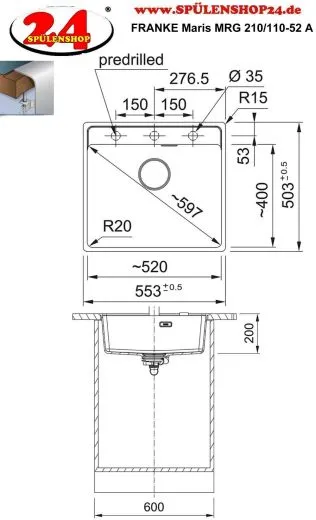 ❎ FRANKE Kchensple Maris MRG 210-52 A HLB Fragranit+ Granitsple Flchenbndig mit Siebkorb als Stopfenventil