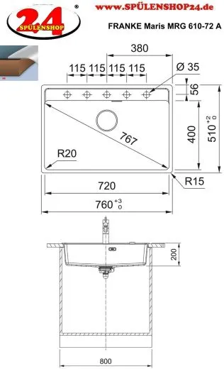 FRANKE Kchensple Maris MRG 610-72 A HLB Fragranit+ Granitsple / Einbausple mit Siebkorb als Druckknopfventil