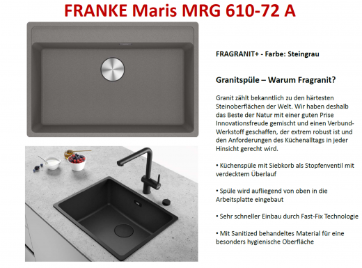 FRANKE Kchensple Maris MRG 610-72 A HLB Fragranit+ Granitsple / Einbausple mit Siebkorb als Stopfenventil