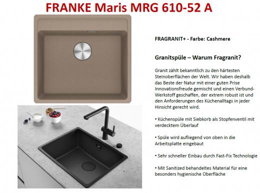 FRANKE Kchensple Maris MRG 610-52 A HLB Fragranit+ Granitsple / Einbausple mit Siebkorb als Stopfenventil