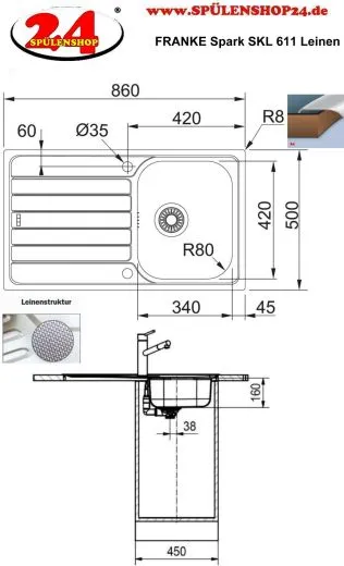 FRANKE Kchensple Spark SKL 611 Leinen Einbausple / Edelstahlsple mit Einbaurand Leinenoptik und Siebkorb als Drehknopfventil