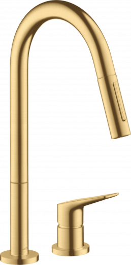AXOR Kchenarmatur Citterio M Brushed Gold Optic PVD Einhebelmischer als 2-Loch Armatur 220 mit Zugauslauf als Ausziehbrause 2-Strahlarten (34822250)