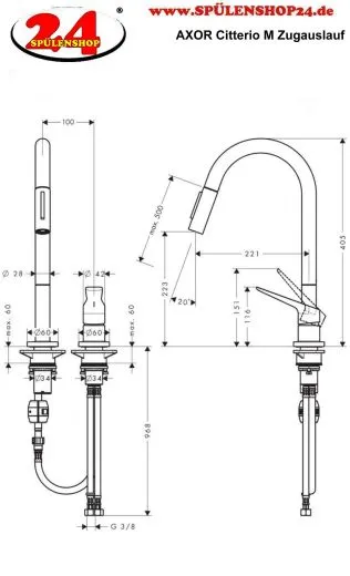 AXOR Kchenarmatur Citterio M Brushed Nickel PVD Einhebelmischer als 2-Loch Armatur 220 mit Zugauslauf als Ausziehbrause 2-Strahlarten (34822820)
