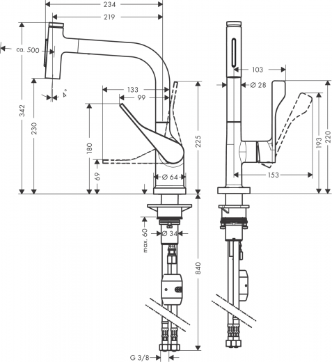 AXOR Kchenarmatur Citterio Select Brushed Brass PVD Einhebelmischer 230 mit Zugauslauf als Ausziehbrause und Select-Knopf 2jet (39863950)