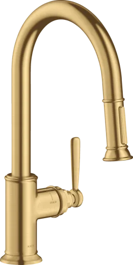 AXOR Kchenarmatur Montreux Brushed Gold Optic PVD Einhebelmischer 180 mit Zugauslauf als Auszugsbrause Schwenkbereich einstellbar (16581250)