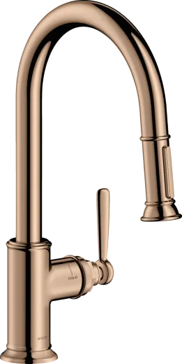 AXOR Kchenarmatur Montreux Polished Red Gold PVD Einhebelmischer 180 mit Zugauslauf als Auszugsbrause Schwenkbereich einstellbar (16581300)