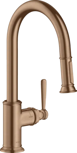 AXOR Kchenarmatur Montreux Brushed Red Gold PVD Einhebelmischer 180 mit Zugauslauf als Auszugsbrause Schwenkbereich einstellbar (16581310)