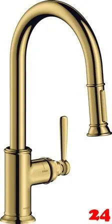 AXOR Kchenarmatur Montreux Polished Gold Optic PVD Einhebelmischer 180 mit Zugauslauf als Auszugsbrause Schwenkbereich einstellbar (16581990)