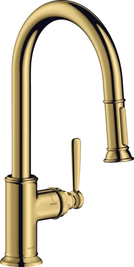 AXOR Kchenarmatur Montreux Polished Gold Optic PVD Einhebelmischer 180 mit Zugauslauf als Auszugsbrause Schwenkbereich einstellbar (16581990)