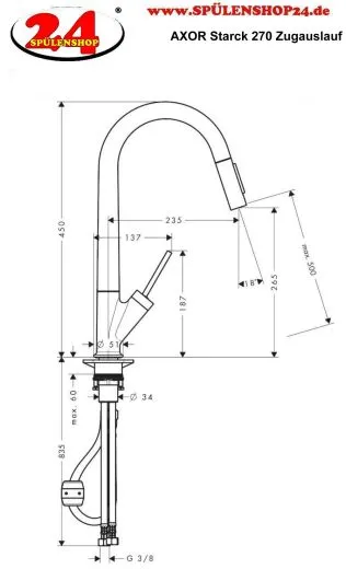 AXOR Kchenarmatur Starck Brushed Nickel PVD Einhebelmischer 270 mit Ausziehbrause mit Joystick-Bedienung (10821820)