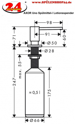 AXOR Uno Seifenspender Edelstahl Finish Splmittelspender / Dispenser mit Druckbettigung (42818800)