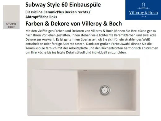 Villeroy & Boch SUBWAY STYLE 60 BR-Classicline Einbausple / Keramiksple in Standard Farben