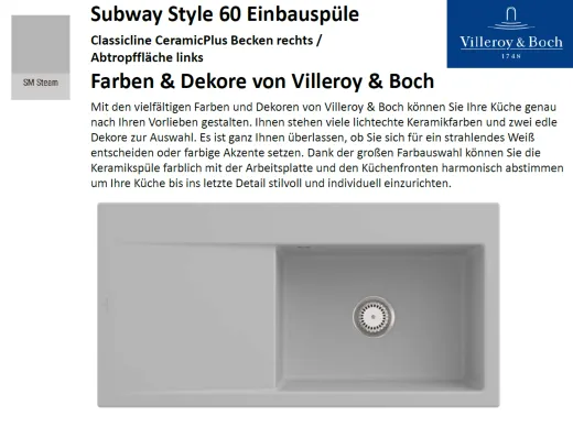 Villeroy & Boch SUBWAY STYLE 60 BR-Classicline Einbausple / Keramiksple in Standard Farben