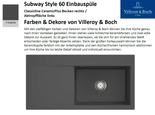 Villeroy & Boch SUBWAY STYLE 60 BR-Classicline Einbausple / Keramiksple in Standard Farben