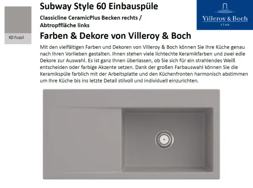 Villeroy & Boch SUBWAY STYLE 60 BR-Classicline Einbausple / Keramiksple in Standard Farben