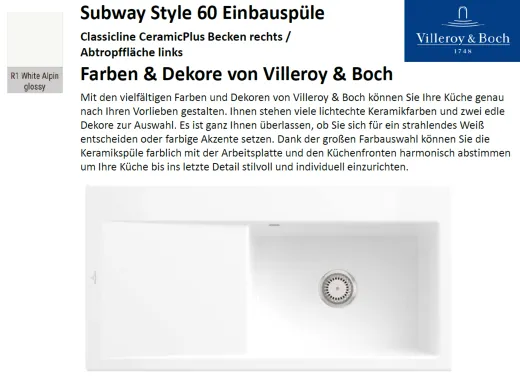 Villeroy & Boch SUBWAY STYLE 60 BR-Classicline Einbausple / Keramiksple in Standard Farben
