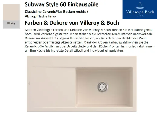 Villeroy & Boch SUBWAY STYLE 60 BR-Classicline Einbausple / Keramiksple in Standard Farben