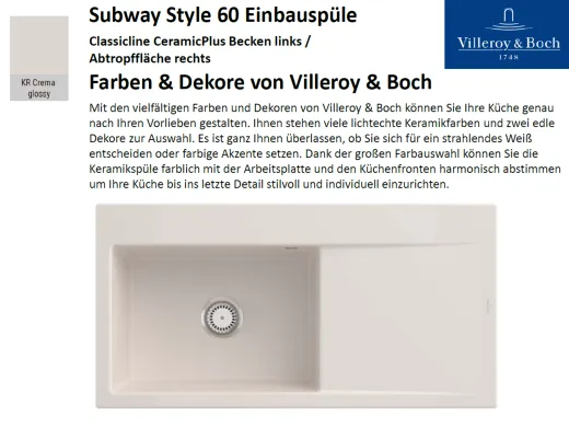 Villeroy & Boch SUBWAY STYLE 60 BL-Classicline Einbausple / Keramiksple in Standard Farben