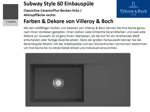Villeroy & Boch SUBWAY STYLE 60 BL-Classicline Einbausple / Keramiksple in Standard Farben