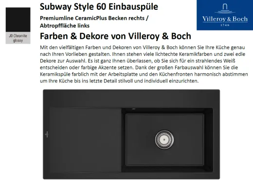 Villeroy & Boch SUBWAY STYLE 60 BR-Premiumline Einbausple / Keramiksple in Sonder Farben