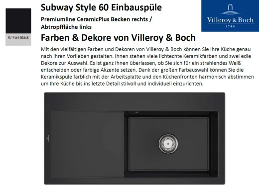 Villeroy & Boch SUBWAY STYLE 60 BR-Premiumline Einbausple / Keramiksple in Sonder Farben